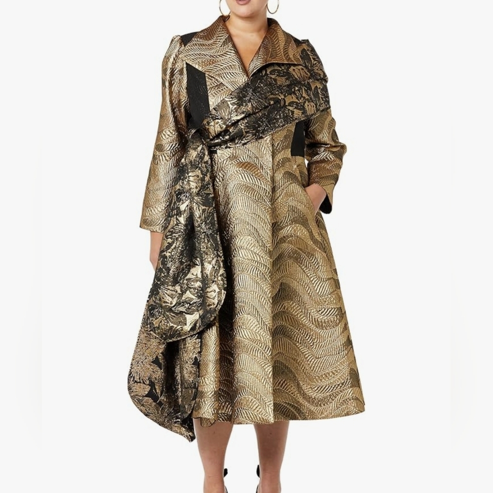 MAKING THE CUT Women Standard Metallic Jaquard Gold Coat & Scarf (Size XXL) NEW